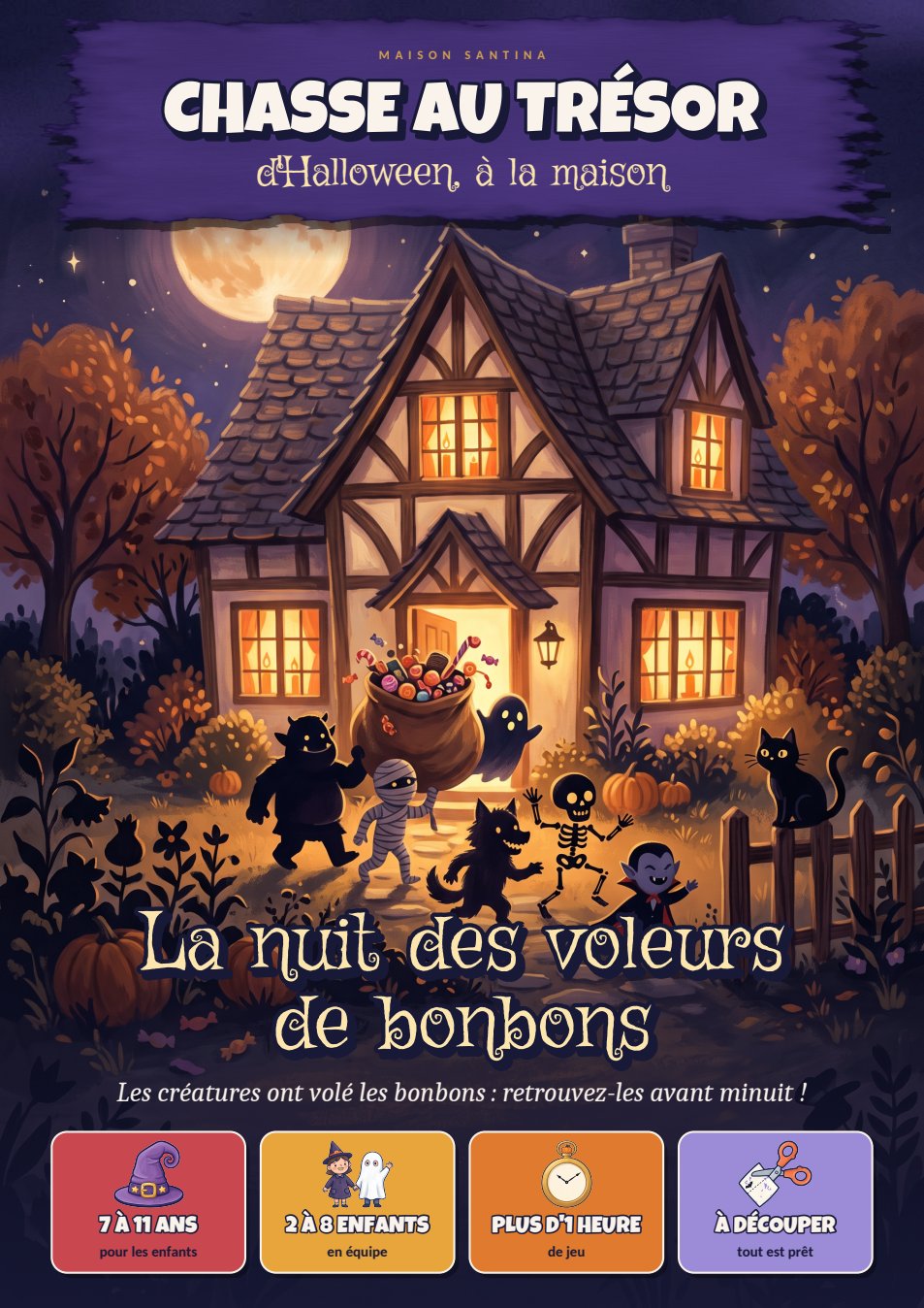 Couverture du livre : une maison illuminée la nuit d'Halloween, un ogre, une momie, un loup-garou, un fantôme, un squelette et un vampire emportant un grand sac de bonbons.